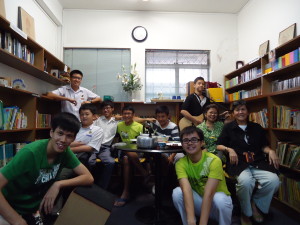 Some of the High School boys in the Church Library with two 'spiritual' mommas